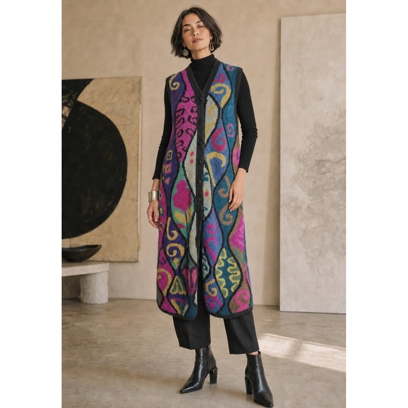 Peruvian Connection Jackets & Blazers - Peruvian Connection 100% Alpaca Longline Sweater Vest Abstract Intarsia XL